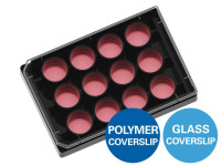 81221 µ-Plate 12 Well Untreated: #1.5 polymer coverslip, hydrophobic, black plate, sterilized, individually packed ( 15 pcs/pkg )