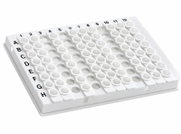 4TI-0950/W-F 96 Well Semi-Skirted PCR Plate for Removable 8 Well Strips, Roche style, white PC frame, low profile, cut corner H12 ( 10 frames/pkg )